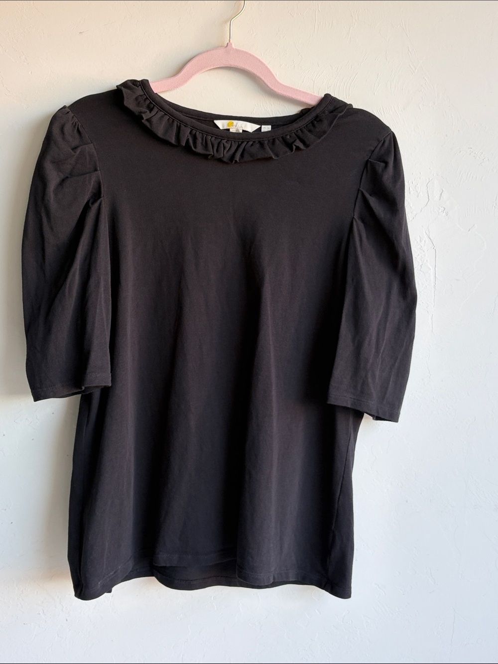 Boden Women’s 12 Black Ruffle Collar Puff Sleeve Knit Blouse Top